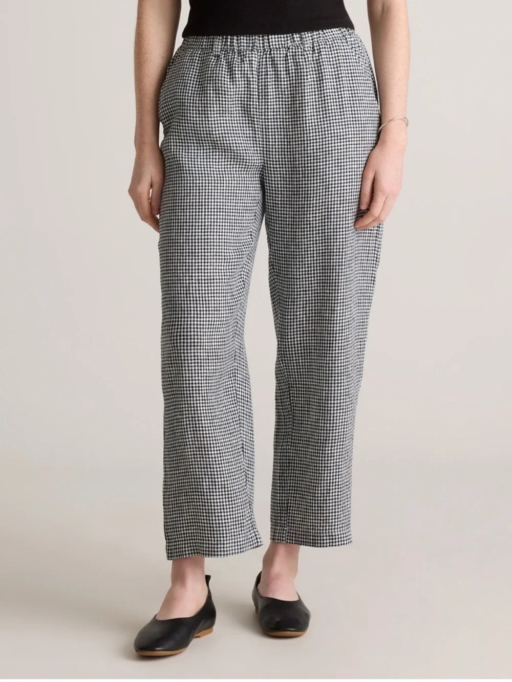 Quince 100% European Linen Pants Classic Mini Gingham Black White Pull-On Sz L